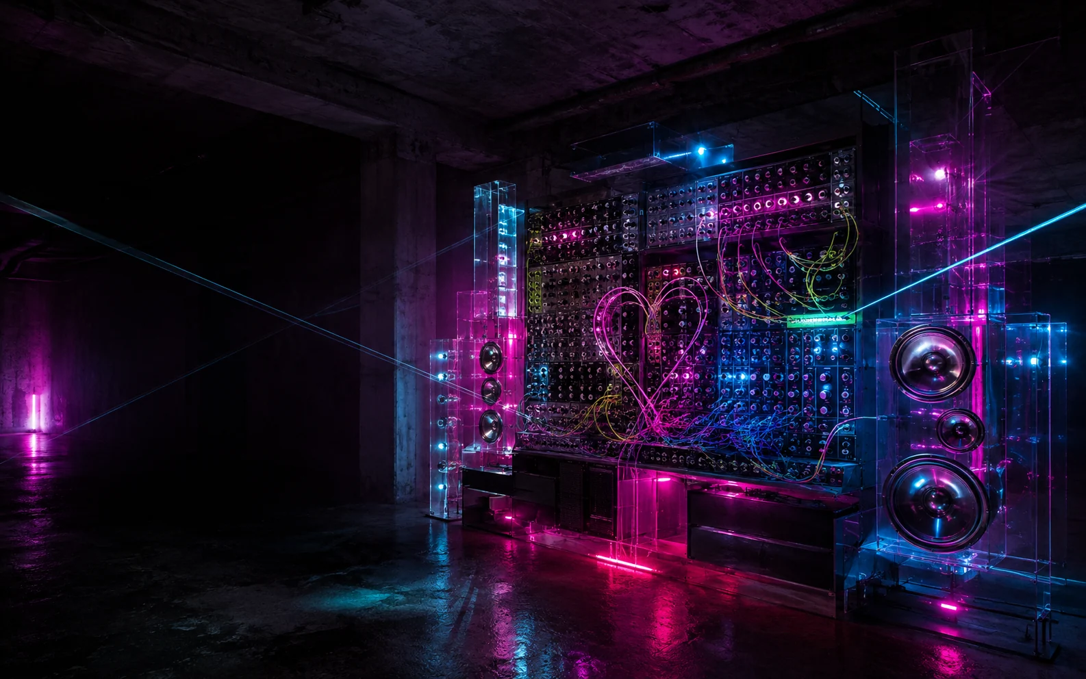 Modular synthesizer and speakers glowing in an empty neon-lit concrete room