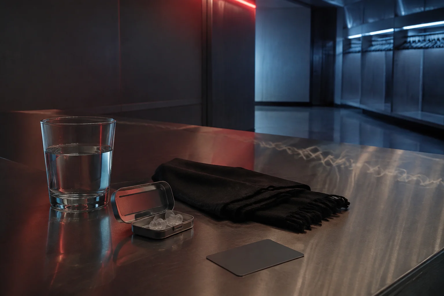 Glass of water, reusable earplugs and black scarf on a steel bench after a night out